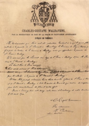 Document signé de la main de l'Evêque de Tournay : Monseigneur Charles Walravens